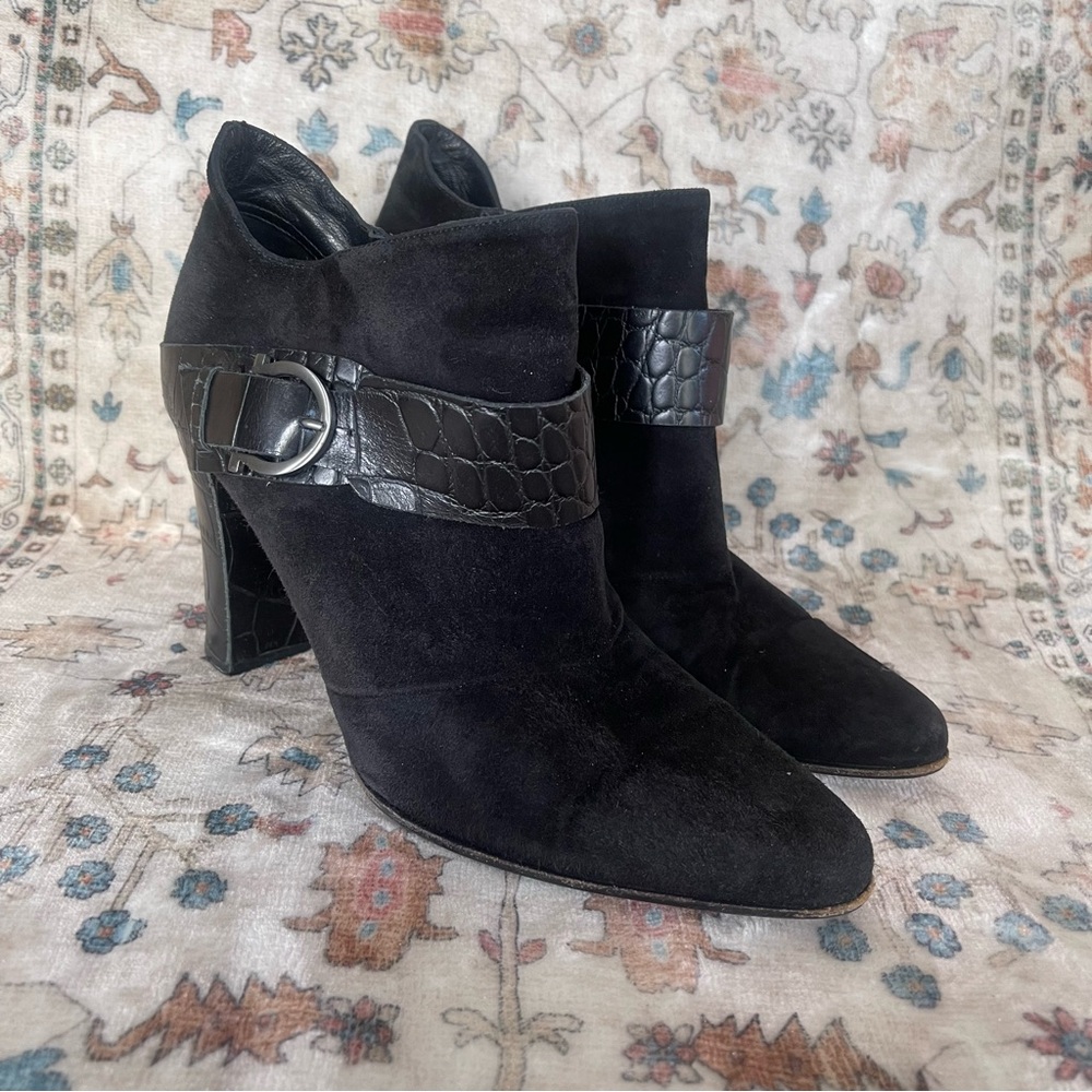 Salvatore Ferragamo Black Ankle Boots with Embossed Strap